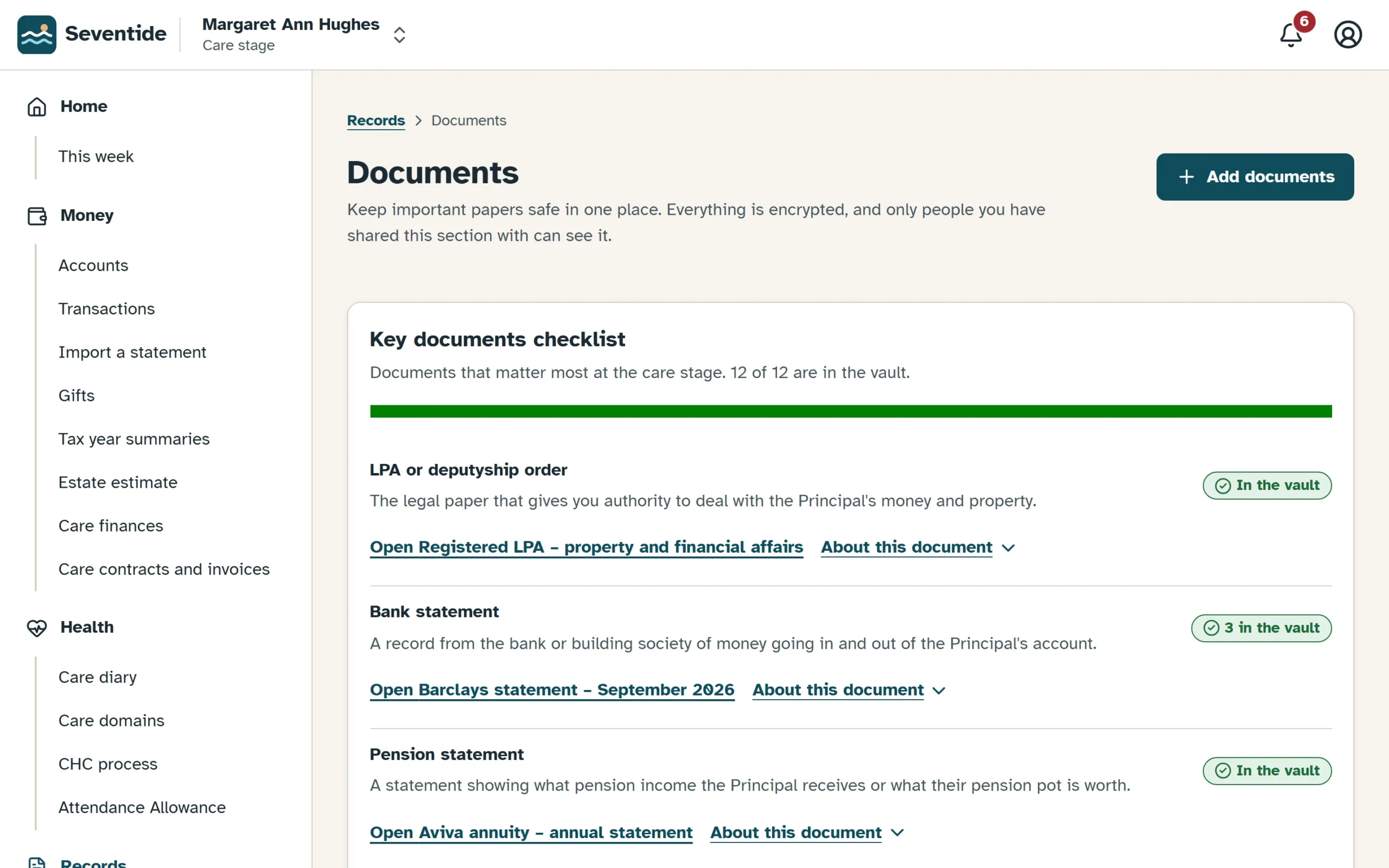 Seventide's document vault with categories and the key documents checklist