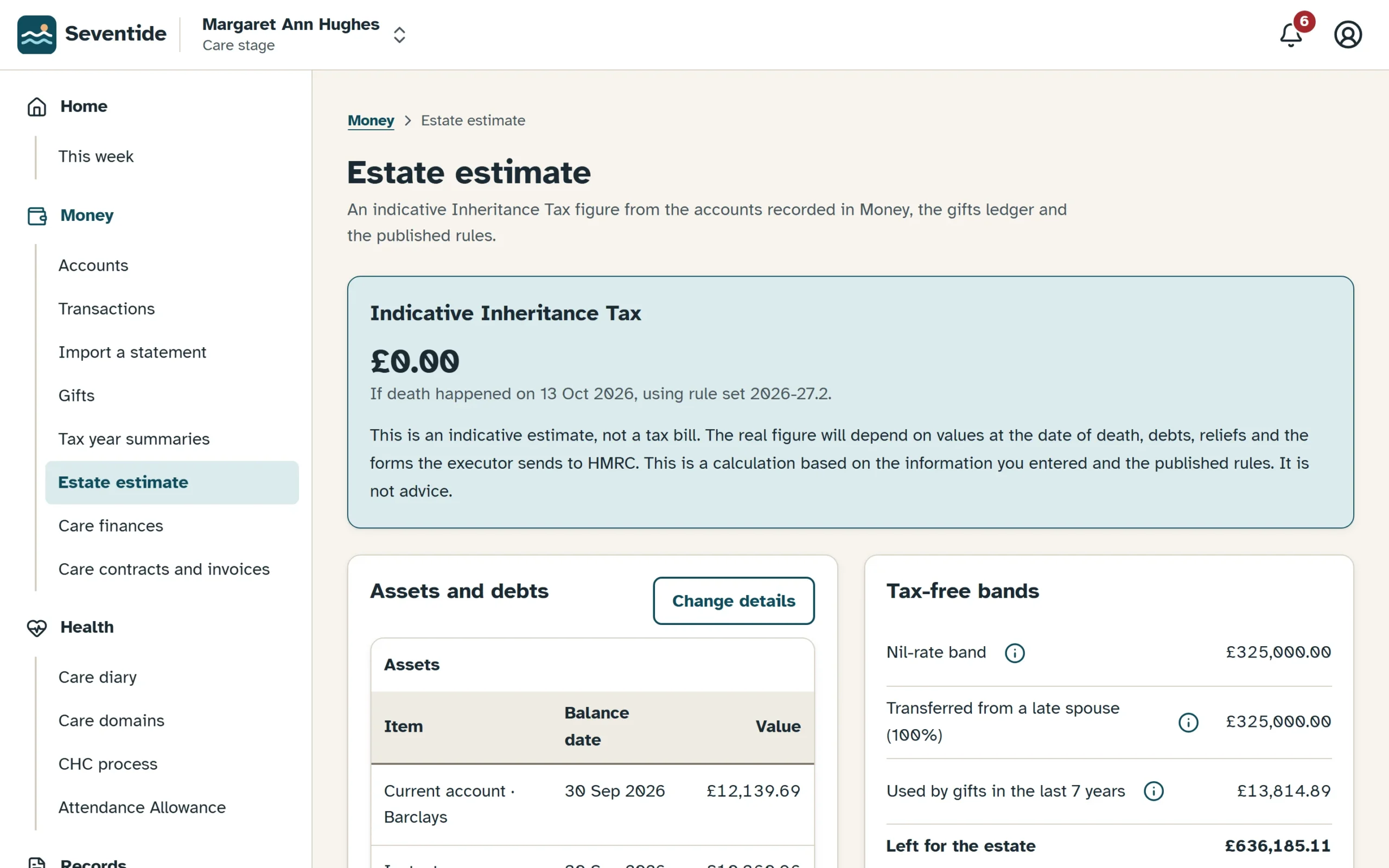 Seventide's estate and Inheritance Tax summary