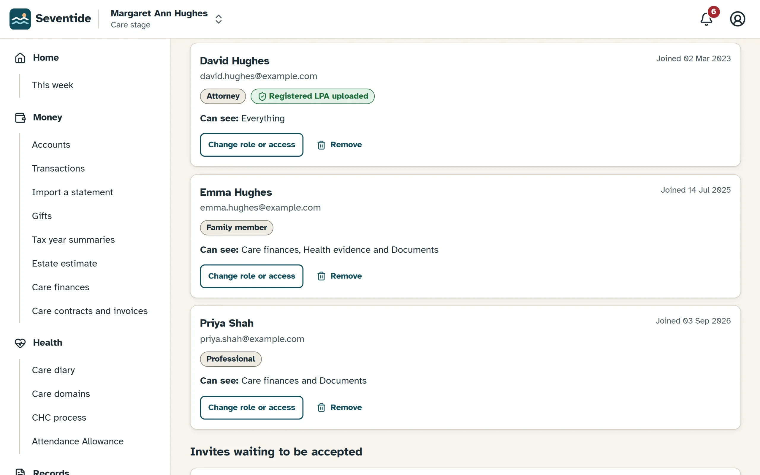Seventide's family members screen showing roles and what each person can see