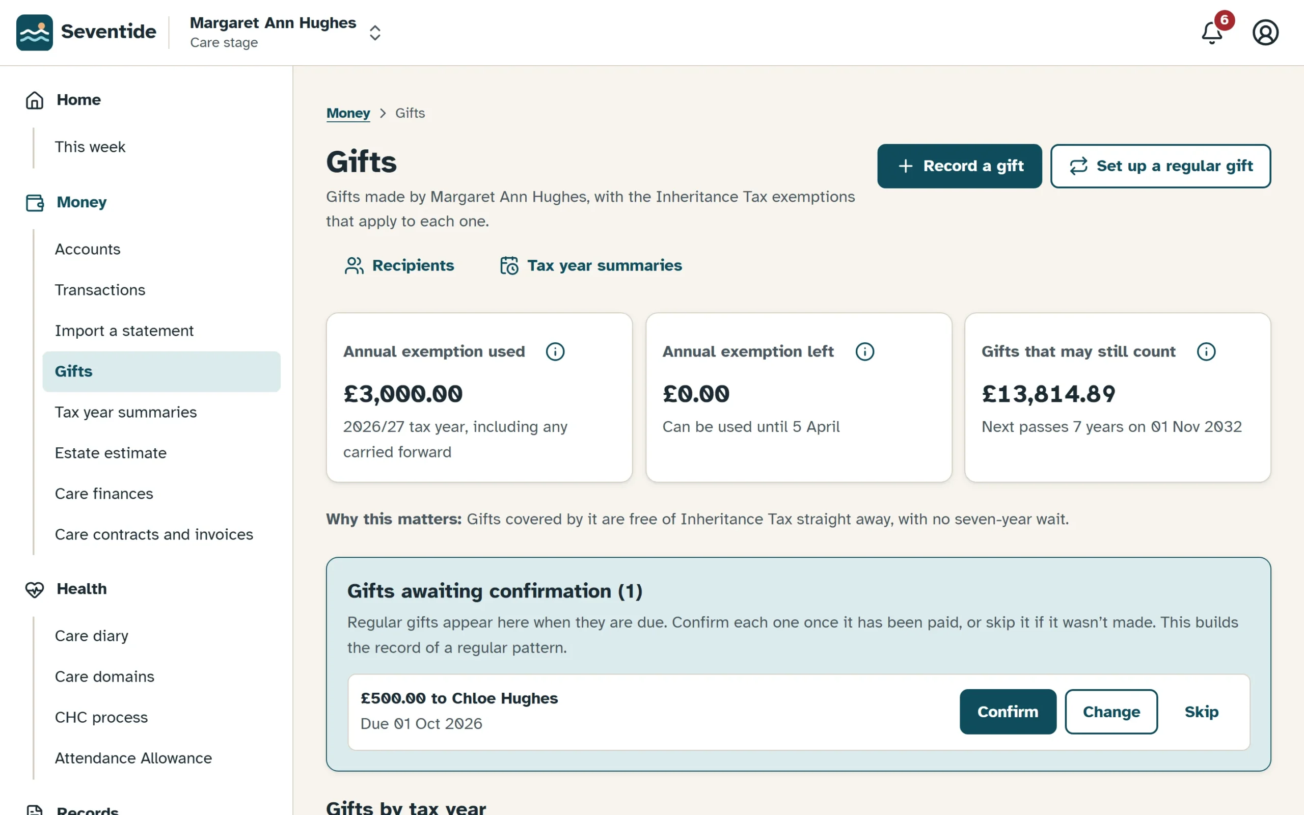 Seventide's gifts screen with each gift's exemption and 7-year clock